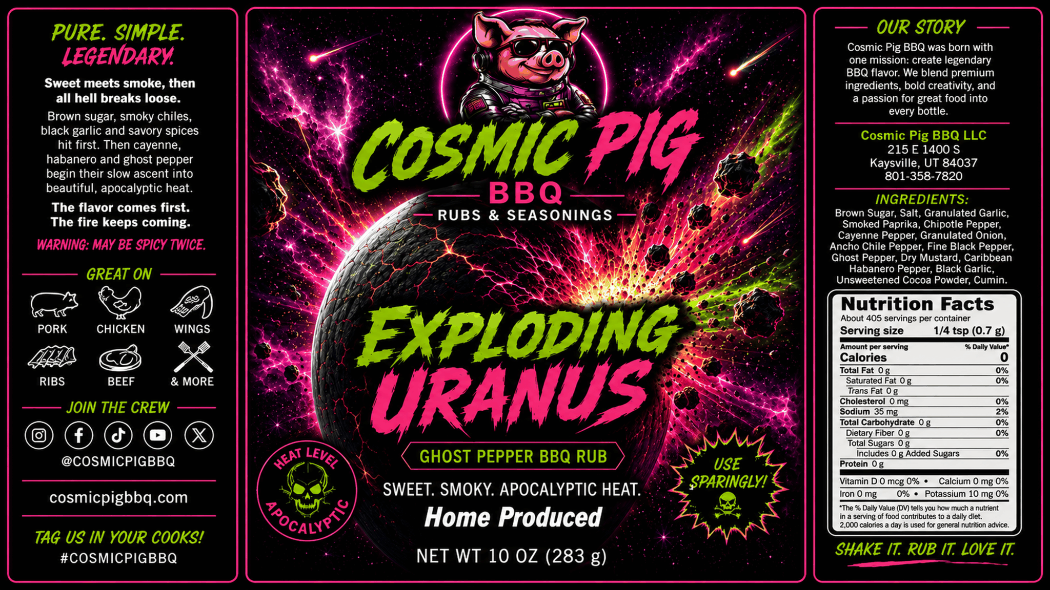 Exploding Uranus Ghost Pepper BBQ Rub label — Cosmic Pig BBQ